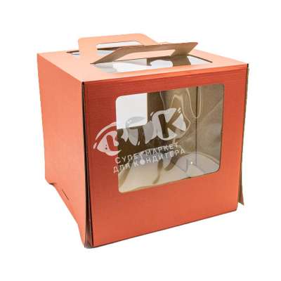Коробка для торта с окном и ручками Красная 26х26х25 см