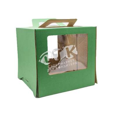 Коробка для торта с окном и ручками Зеленая 26х26х25 см 